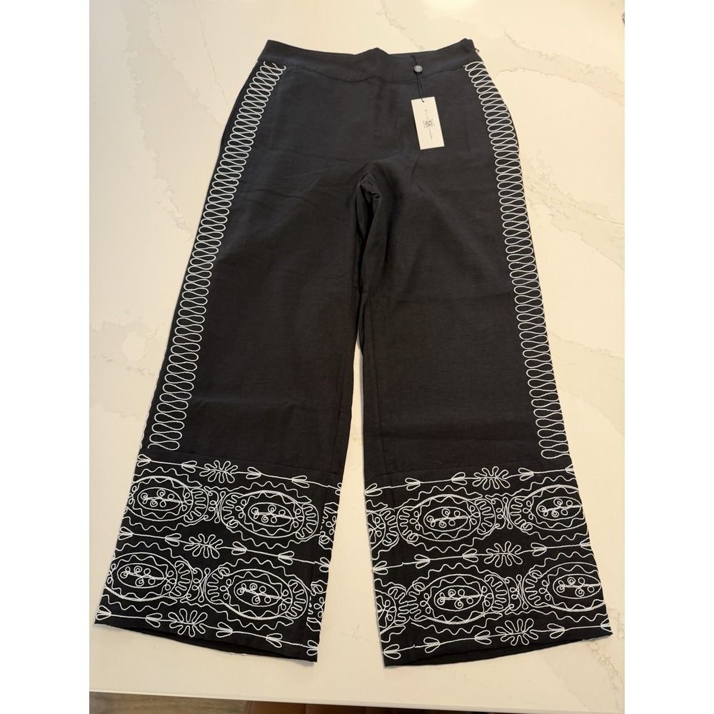 Elie Tahari Oriana Pants Women 8 Black NWT Embroidered Soutache Cropped Wide Leg